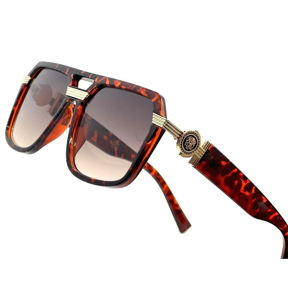 Tortoise Square Sunglasses Gold Metal Bar Light Weight Comfortable UV Protection